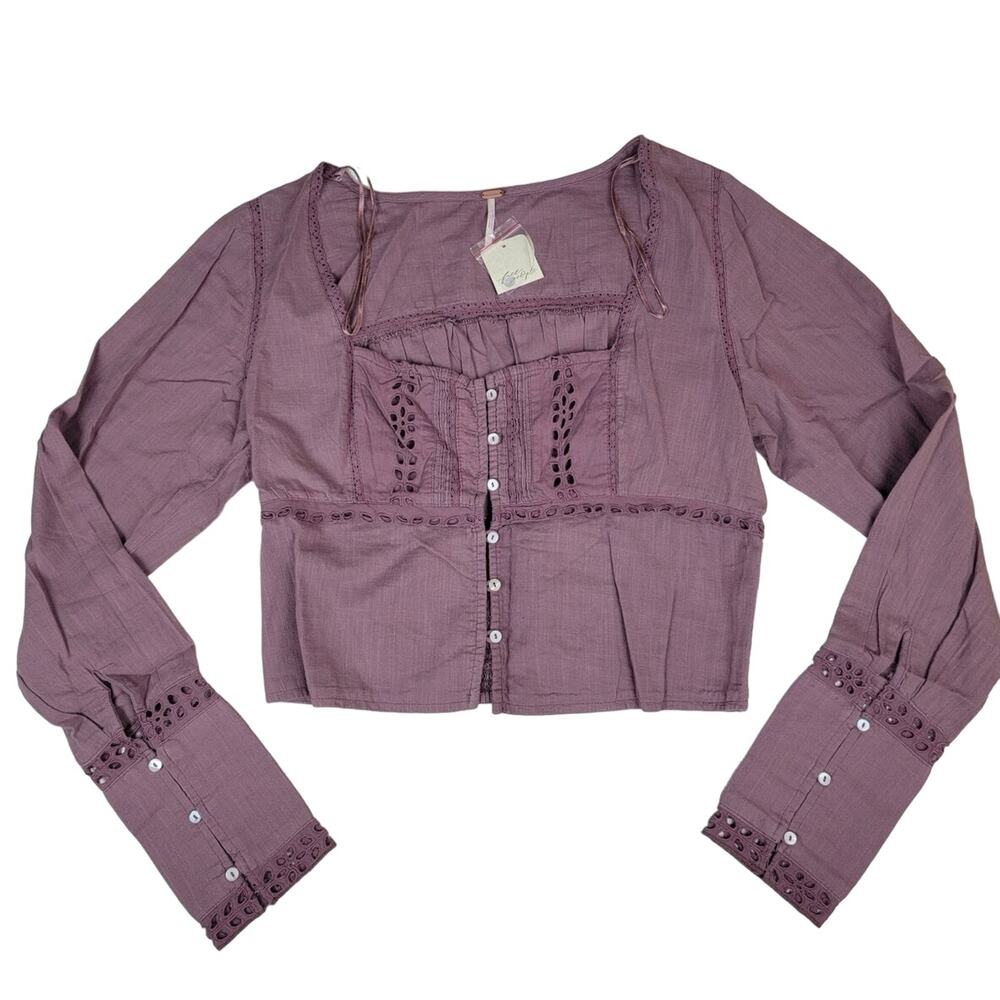 NWT Free People Joi‎ Eyelet Cropped Bohemian Roan Rouge Joi Blouse- Size Med